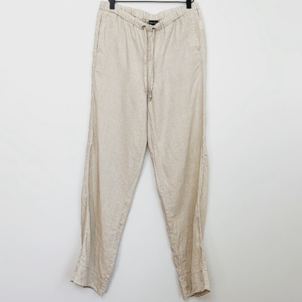 Lord & Taylor 100% linen tan ecru wide leg loose fit long khaki tie waist pants - Picture 2 of 8